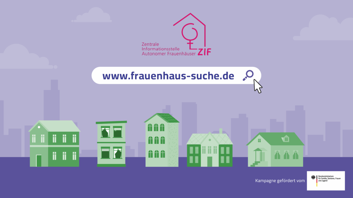 Ein Bild mit kleinen Häusern und einer URL-Zeile mit der Website www.frauenhaus-suche.de