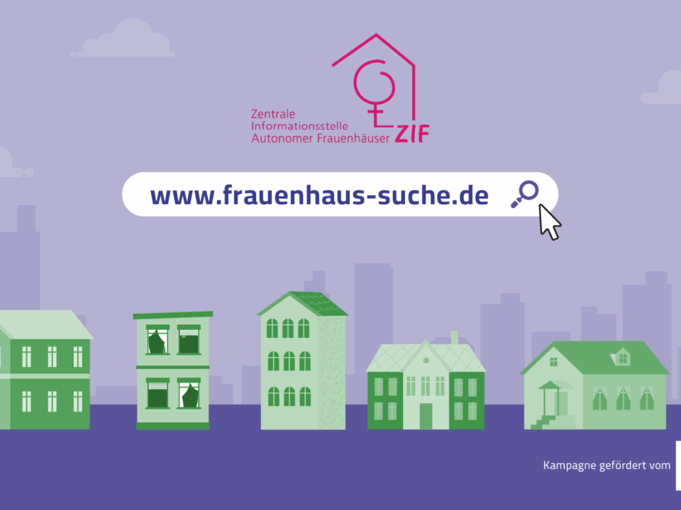 Ein Bild mit kleinen Häusern und einer URL-Zeile mit der Website www.frauenhaus-suche.de